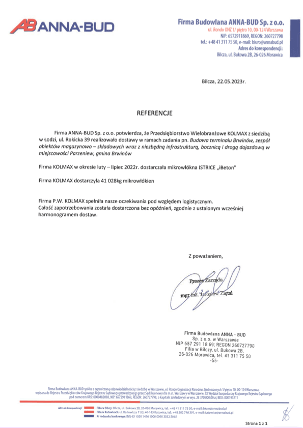 List referencyjny ANNA-BUD