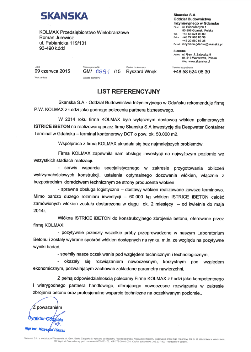 List referencyjny Skanska